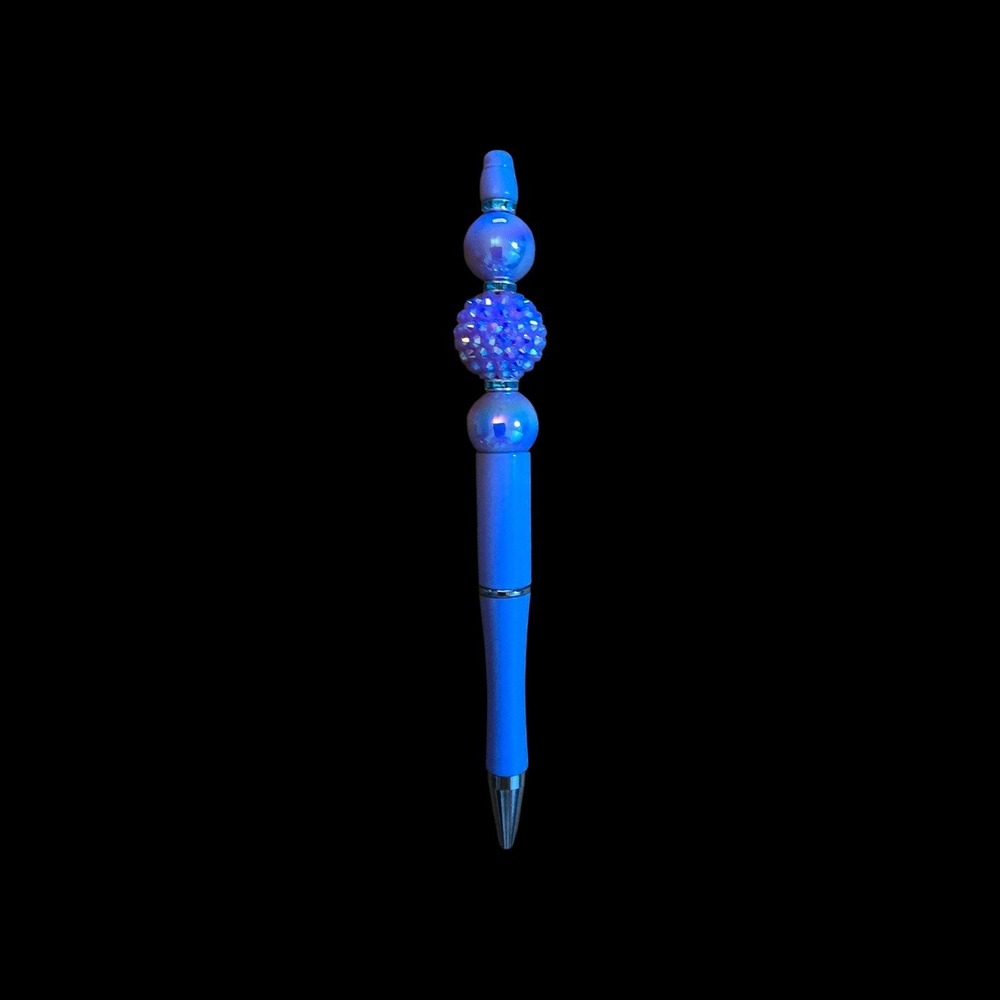 Handcrafted Bright Blue Beaded Ballpoint Pen Iridescent Rhinestone Sparkle Gift